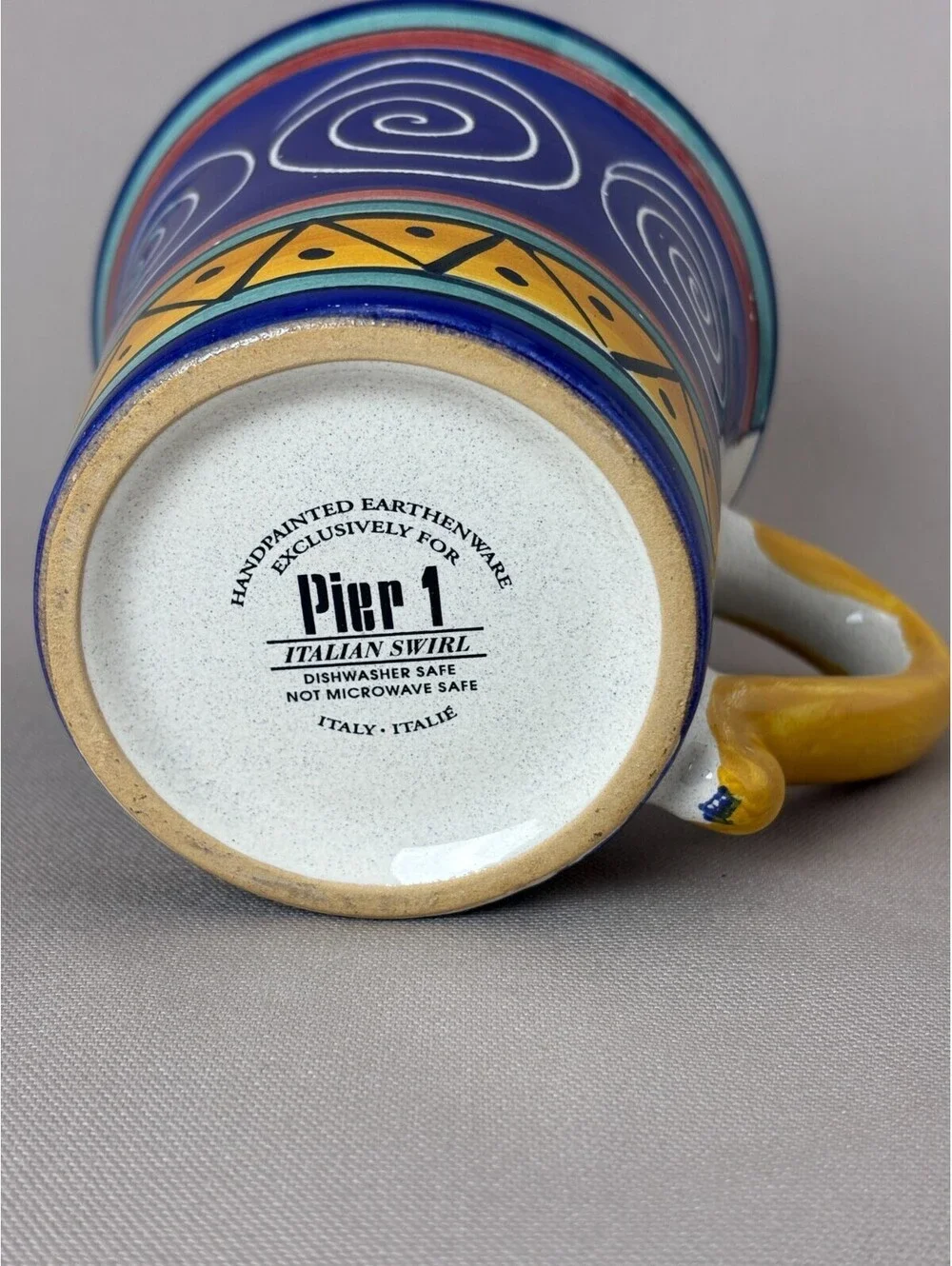 Pier 1 Italian Swirl Mug Hand Painted Earthenware Blue Yellow Italy Large Cup